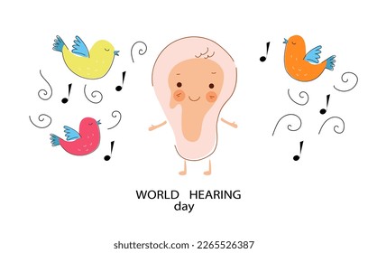 Social media horizontal banner template for World Hearing Day Concept Design. Funny ear character listen to the birds singing.  Vector flat cartoon doodle banner. 