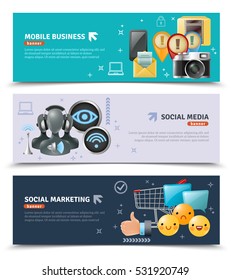 Social media horizontal banners with modern devices and elements used for communication and business vector illustration