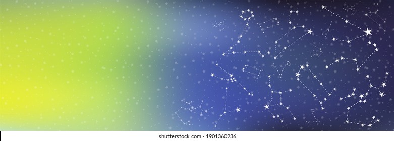 Social media horizontal template, starry night header. Abstract constellation gradient background, space pattern, galaxy ornament. Can be used for web sites and banners. Vector stock illustration.