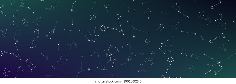 Social media horizontal template, starry night header. Abstract constellation gradient background, space pattern, galaxy ornament. Can be used for web sites and banners. Vector stock illustration.