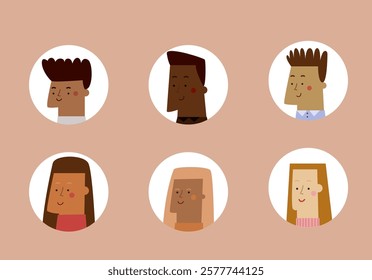 Social media human portrait. Face icon for web. Hand drawn cartoon face illustration. Vector set