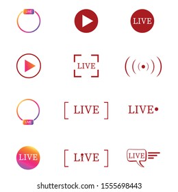 Social media icon avatar stories user LIVE video streaming colorful gradient. Set of live streaming icons. Red symbols and buttons of live streaming, broadcasting, online stream.