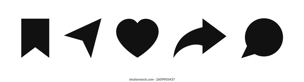 Social media icon. Black symbol. Share, like, save, comment and message. Vector.