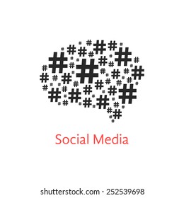 social media icon with brain from hashtag. concept of number sign, networks, sale and microblogger. isolated on white background. flat style trendy modern logo design vector illustration
