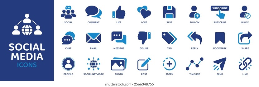 Social Media - Icon Collection. Thin Line Set contains such Icons as Engagement, Likes, Shares, Comments, Posts, Hashtags and more. Simple web icons set.