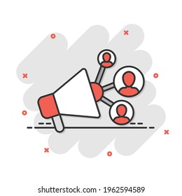 Social media icon in comic style. Marketing cartoon vector illustration on white isolated background. Megaphone with people splash effect business concept.