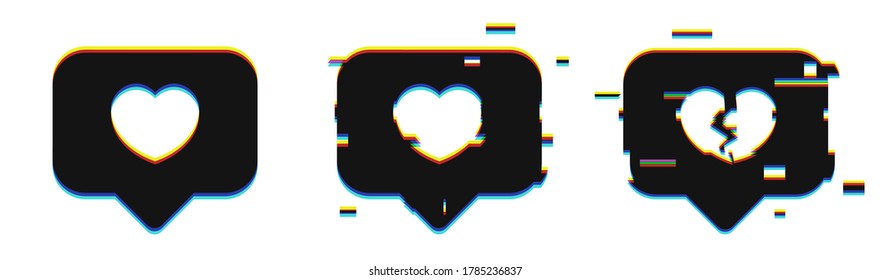 Social media icon concepts in realistic glitch style. Modern application symbol with different kinds of destruction. Loss of audience love. Isolated design elements on white background. Vector, EPS10