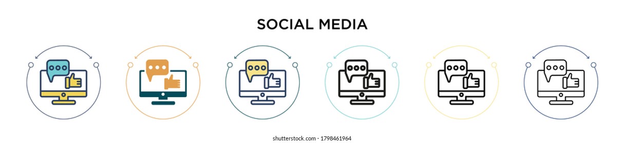 Icono de medios sociales en estilo relleno, delgado, contorno y trazo. Ilustración vectorial de dos diseños de iconos vectoriales de medios sociales de color y negro se puede usar para móviles, ui, web