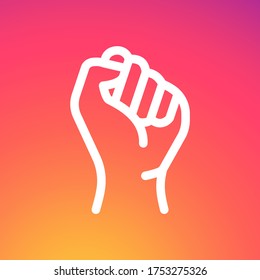 Social media icon for the Movement against Racism. Stylized illustration of a raised fist. Symbol of strength, struggle for equality. Black lives matter. White line vector sign perfect for posts, news