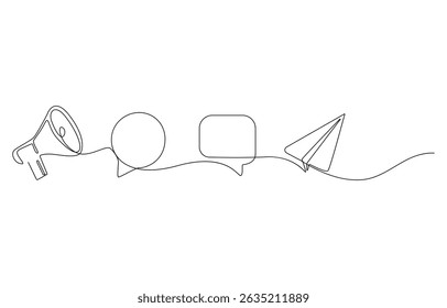 Social media icon set. Blue megaphone, speech bubble message and red like, paper airplane. Digital marketing and online communication one continuous line drawing