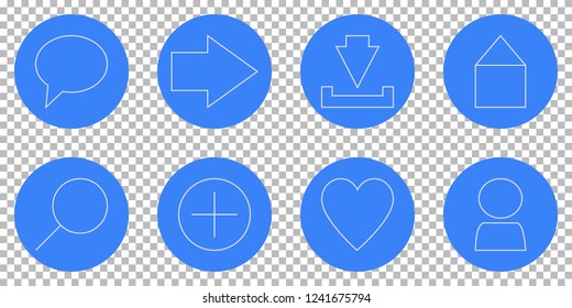 Social media icon set with button design for most common features like home, comment and love in modern graphic element style on blue round background