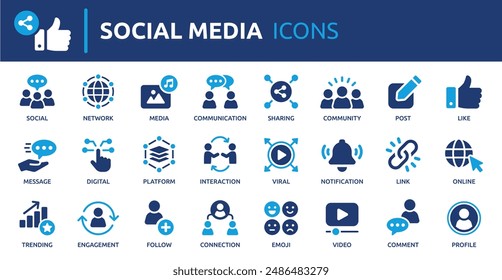 Social media icon set. Containing like, message, profile, social network, video, comment, sharing, media and more. Solid vector icons collection.