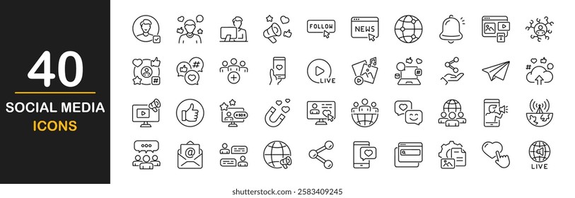 Social media icon set. Containing symbols content, posting, engagement, target audient, performance analysis, scheduling, influencer, like the like, message and more