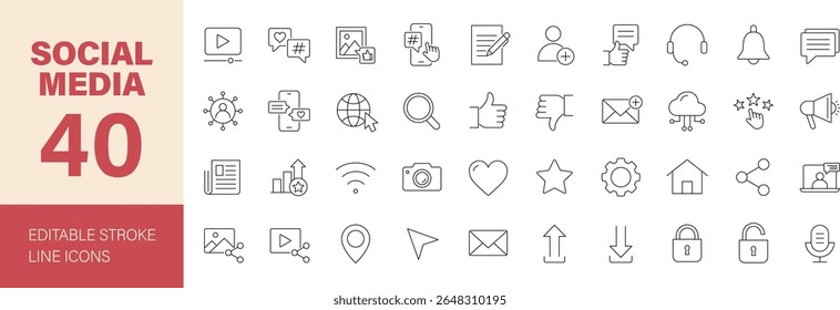 Conjunto de ícones de Mídia Social. Contendo marketing digital, rede, feedback, comunicação, como, compartilhar, blog, comentário, chat, mensagem e muito mais. Ícones de linha editáveis. Ilustração vetorial.