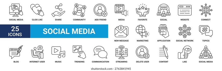 Social media icon set. Containing click like, share, community, add friend, media, favorite, social, website, connect and more. Outline vector icons collection.