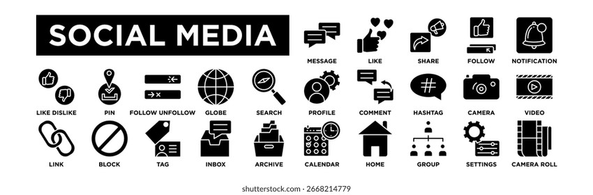 Social Media  icon set. Editable Stroke Icon Collection. Message, Like, Share, Follow, Notification, Profile, Comment, Hashtag, Camera, Video, Like Dislike, Pin, Follow Unfollow, Globe, Search, 