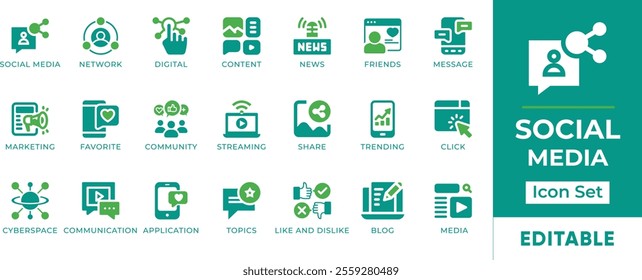 Social Media Icon Set. Features editable icons for social media symbols, networking, content, marketing, and more. Perfect for social media marketing, digital marketing, and social media management.