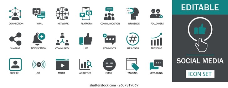 Social Media Icon Set
Featuring connection, viral, network, platform, communication, influence, followers, sharing, notification, community, likes, comments, hashtags, trends, and more. 