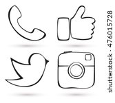 Social media icon set. Hand drawn design. Like hand symbol, digital camera, messenger bird. Vector illustration.