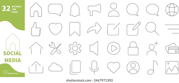 Social media icon. Set of home, like, settings, share icons,...