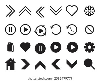 Social media icon set home pag,scarch, setting,love,tag,play,push button, replay,time, line art and icon silhouettr