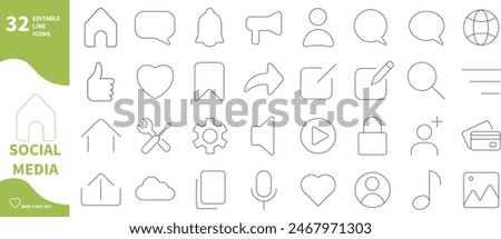 Social media icon. Set of home, like, settings, share icons,...