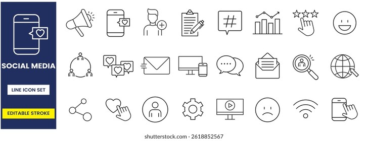 Social media icon set, social icons vector, customizable stroke, vector and illustration