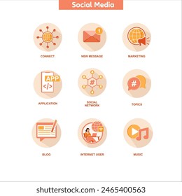 Social Media icon set illustration.connect,new message,marketing digital,application,social network,topics,blog,internet user,music icons.