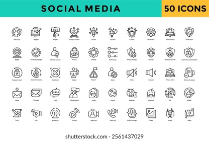 Social Media icon set with influencer, blogger, vlogger, content creator, creator, creative, curator, moderator, administrator, verification icon. Simple line vector 
