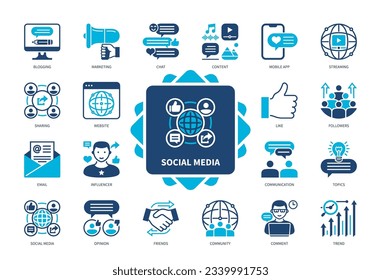 Social media icon set. Like, Blogging, Chat, Website, Trend, Marketing, Sharing, Influencer. Duotone color solid icons