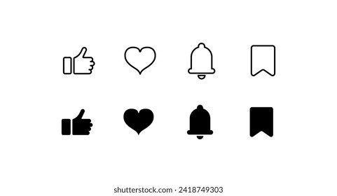 Social media icon set. Like, bell, pin buttons. Linear style. Vector icon