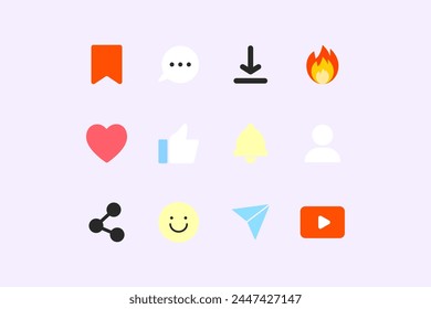 Social media icon set. Like, comment, share, subscribe, thumbs up, notification bell, trending. Flat vector design illustration isolated on background.