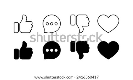 Social media icon set. Like, speech bubble, dislike, heart icons. Linear and silhouette style. Vector icons