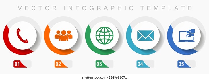 Social media icon set, miscellaneous icons such as phone, people, globe, envelope and laptop, flat design vector infographic template, web buttons in 5 color options