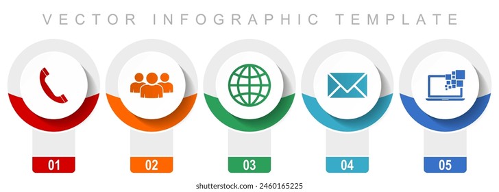 Social media icon set, miscellaneous vector icons such as phone, people, globe, envelope and laptop, modern design infographic template, web buttons in 5 color options