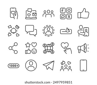 Social Media, Icon Set. Social Networks and Communication Apps. Reactions, Emoji, Chat, Like, Connections, Followers, Posts, Comments, Sharing, Notification. Line with editable stroke