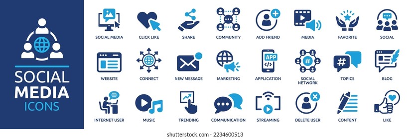 Social Media icon set. Online community, media, website, blog, content, business marketing and social network icons. Solid icon collection. - Shutterstock ID 2234600513