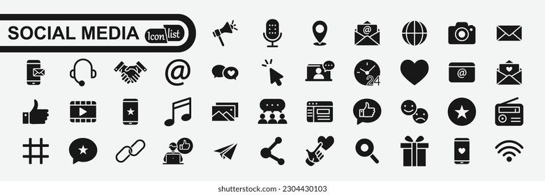 Social Media icon set. Online community, media, website, blog, content, business marketing and social network icons. Solid icon collection.
