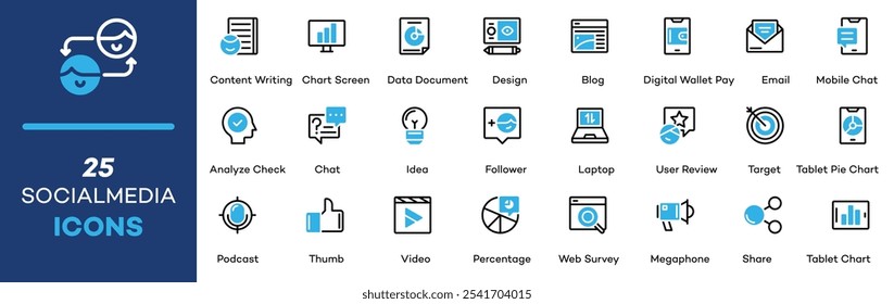 Conjunto de iconos de redes sociales. Comunidad en línea, medios, Sitio web, blog, contenido, marketing de negocios e íconos de redes sociales. colección de íconos de línea e íconos sólidos.