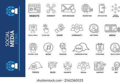 Social Media icon set. Online community, media, website, blog, content, business marketing and social network icons. Solid icon collection.