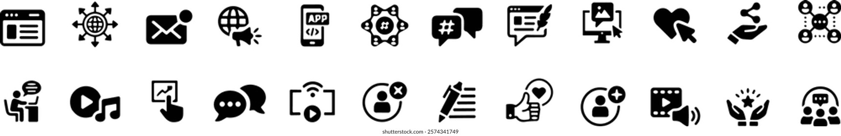 Social Media icon set. Online community, media, website, blog, content, business marketing and social network icons