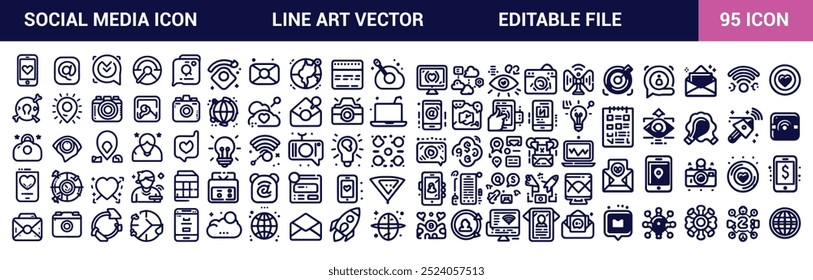 Social media icon set. Simple line art Social media icons pack and Editable Stroke. Vector illustration