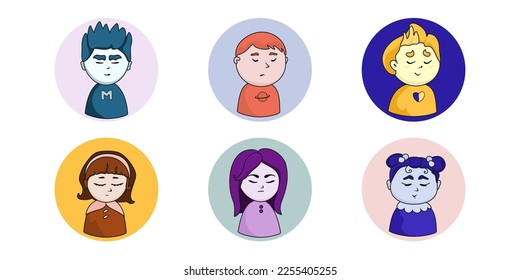 Icono de medios sociales con tres niños y tres niñas en un esquema multicolor