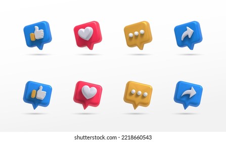 icono de medios sociales conjunto pulgares, comentarios, compartir y amar estilo 3d