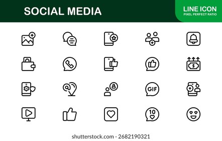 Conjunto de iconos de redes sociales en estilo de Vector con símbolos de comunicación, redes, uso compartido y participación