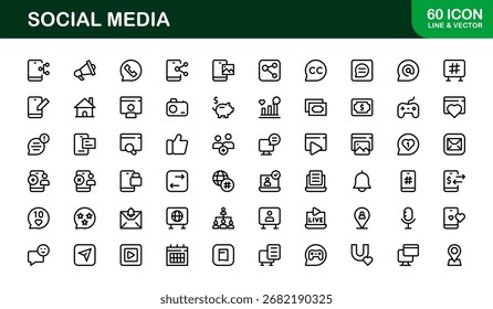 Social Media Icon Set in Vector Style Featuring Communication, Networking, Sharing, and Engagement Symbols