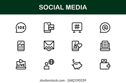 Social Media Icon Set in Vector Style Featuring Communication, Networking, Sharing, and Engagement Symbols