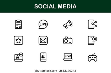Social Media Icon Set in Vector Style Featuring Communication, Networking, Sharing, and Engagement Symbols