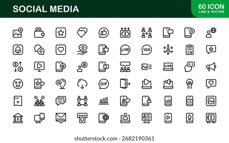 Social Media Icon Set in Vector Style Featuring Communication, Networking, Sharing, and Engagement Symbols
