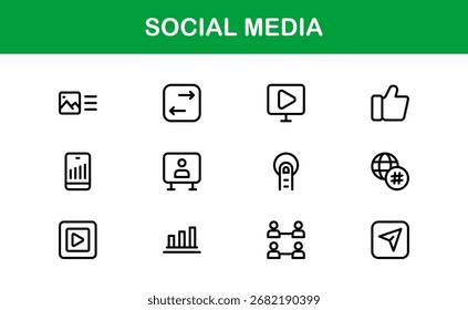 Social Media Icon Set in Vector Style Featuring Communication, Networking, Sharing, and Engagement Symbols